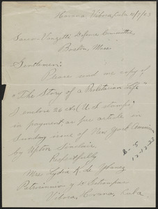 Lydia K. de Ybanez autograph letter signed to Sacco-Vanzetti Defense Committee, October 7, 1923