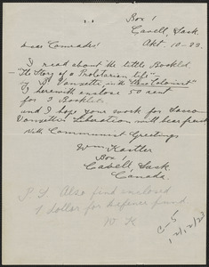 William Kastler autograph letter signed to Sacco-Vanzetti Defense Committee, Cavell, Sask., Canada, October 10, 1923
