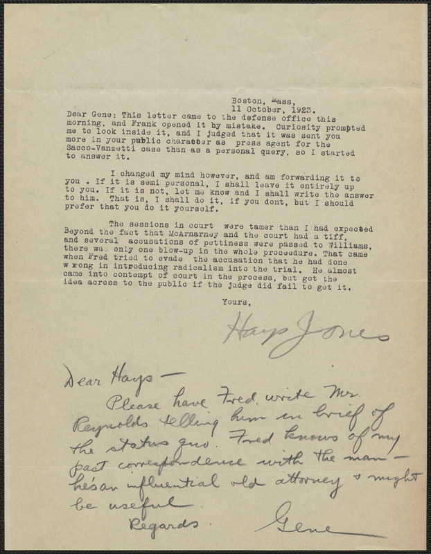 Hays Jones typed letter signed to Eugene Lyons, Boston, Mass., October 11, 1923