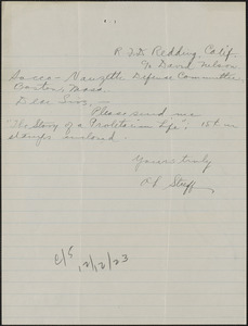 A. F. Streff autograph note signed to Sacco-Vanzetti Defense Committee, Redding, Calif., October 22,1923