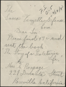 Stephanie Ronpage autograph note signed to Sacco-Vanzetti Defense Committee, Roseville, Calif., October 29, 1923