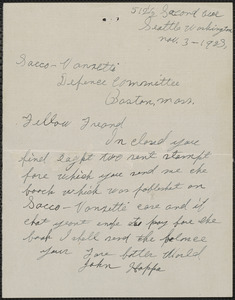 John Happa autograph letter signed to Sacco-Vanzetti Defense Committee, Seattle, Wash., November 3, 1923