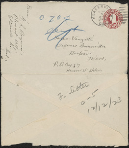 G. A. Benjamin autograph envelope to Sacco-Vanzetti Defense Committee, El Dorado, Colo., November 5, 1923