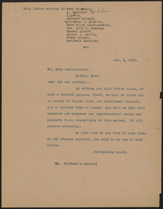 Adolph G. Wittner typed letter (circular) to John van Vaerewyck, Boston, Mass., December 6, 1923