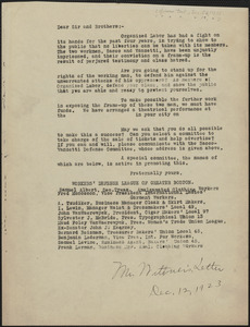 Workers' Defense League of Greater Boston typed letter (circular), Boston, Mass., December 12, 1923