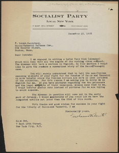 Girolamo Valenti (Socialist Party, Local New York) typed letter signed to Frank R. Lopez, New York, N.Y., December 12, 1923