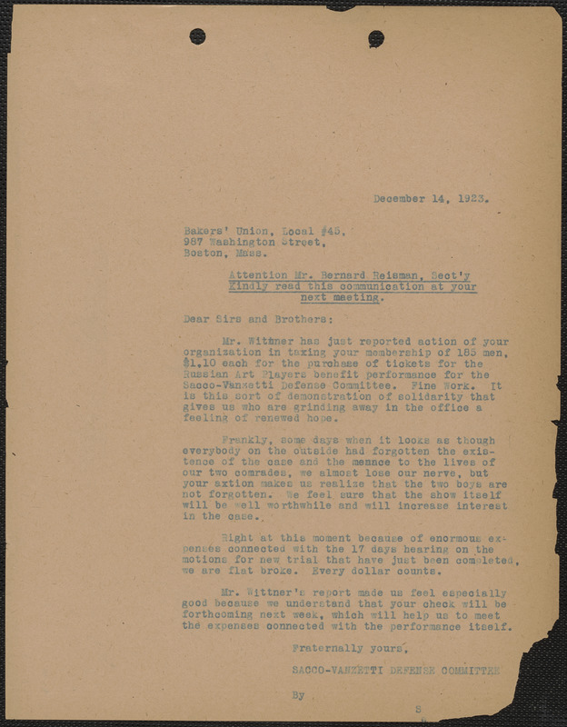 Sacco-Vanzetti Defense Committee typed letter (copy) to Bernard Reisman ...