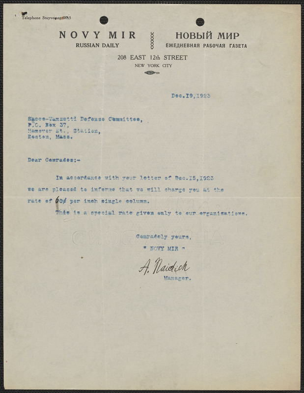 A. Naidick (Novy Mir) typed note signed to Sacco-Vanzetti Defense Committee, New York, N.Y., December 19, 1923