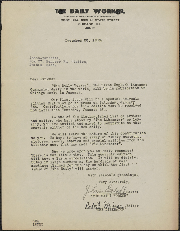 J. Louis Engdahl (The Daily Worker) typed letter signed to Sacco-Vanzetti Defense Committee, Chicago. Ill., December 26, 1926