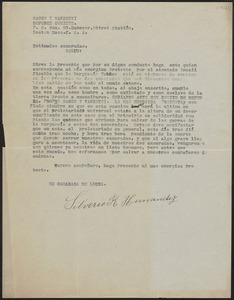 Silverio R. Hernández typed letter signed, in Spanish, to Sacco-Vanzetti Defense Committee, [1924?]