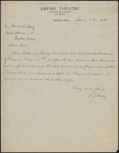 D. J. Casey (Empire Theatre) autograph letter signed to Frank R. Lopez, Fall River, Mass., January 17, 1924