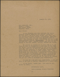 Sacco-Vanzetti Defense Committee typed letter (copy) to Eva Levinsohn, (Mother's League), Boston, Mass., January 30, 1924