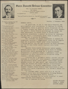 Aldino Felicani, Frank R. Lopez and Augusto Rossi typed letter (circular), in Italian, Boston, Mass., February 1, 1924