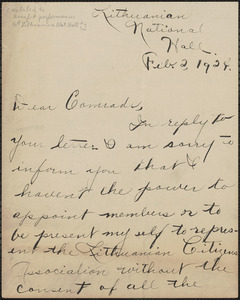 Anthony V. Eudaco autograph letter signed to Sacco-Vanzetti Defense Committee, Lithuanian National Hall, February 2, 1924