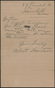 Albert Hewitson autograph note signed to Sacco-Vanzetti Defense Committee, Haverhill, Mass., [Februray 4?, 1924]
