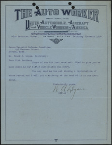 W. A. Logan (The Auto Worker) typed note signed to Frank R. Lopez (Sacco-Vanzetti Defense Committee), Detroit, Mich., February 11, 1924