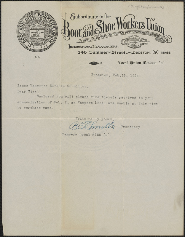 B. F. Smith (Boot and Shoe Workers Union) typed note signed to Sacco