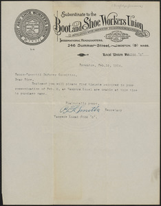 B. F. Smith (Boot and Shoe Workers Union) typed note signed to Sacco-Vanzetti Defense Committee, Brockton, Mass., February 19, 1924