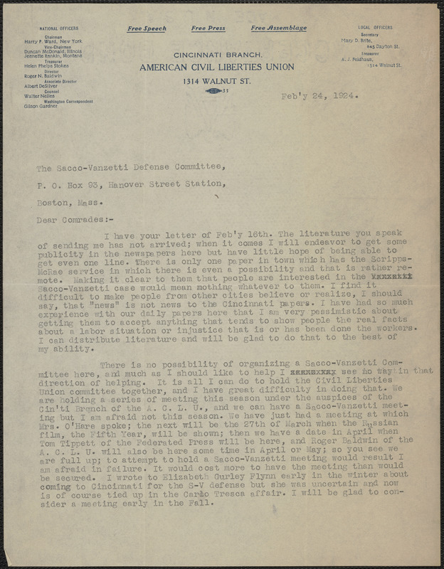 Mary D. Brite (American Civil Liberties Union) typed letter signed to Sacco-Vanzetti Defense Committee, Cincinnati, Ohio, February 24, 1924