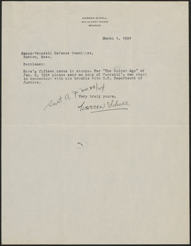 Warren Scholl typed note signed to Sacco-Vanzetti Defense Committee ...