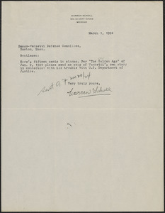 Warren Scholl typed note signed to Sacco-Vanzetti Defense Committee, Saint Ignace, Mich., March 1, 1924