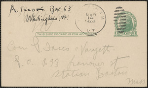 Antonio Izzo autograph postcard signed, in Italian, to Sacco-Vanzetti Defense Committee, Whitingham, VT., March 14, 1924