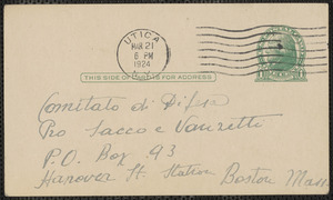 G. Sabella autograph note signed (postcard), in Italian, to Sacco-Vanzetti Defense Committee, Utica, N.Y, March 21, 1924