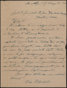 Elio Fronduti autograph note signed, in Italian, to Sacco-Vanzetti Defense Committee, Brooklyn, N.Y., March 22, 1924