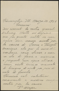 V. Mayer autograph note signed, in Italian, to Sacco-Vanzetti Defense Committee, Farmington, Ill., March 22, 1924