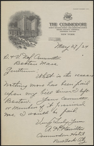 Albert Hines Hamilton autograph note signed to Sacco-Vanzetti Defense Committee, New York, N.Y., May 27, 1924