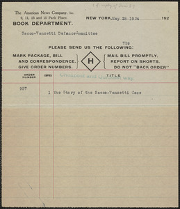 American News Company, Inc. typed letter to Sacco-Vanzetti Defense Committee, New York, N.Y., May 28, 1924