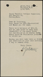 Adolph G. Wittner typed note signed to Sacco-Vanzetti Defense Committee, Brooklyn, N.Y., May 28, 1924