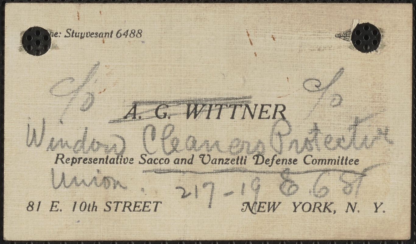 A.G. Wittner business card, [1924]