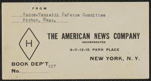 The American News Company mailing label, [1924]