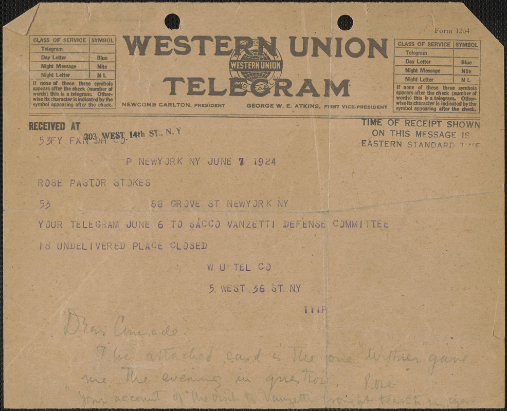 Western Union telegram to Rose Pastor Sokes, New York, N.Y., June 7, 1924