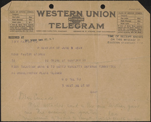 Western Union telegram to Rose Pastor Sokes, New York, N.Y., June 7, 1924