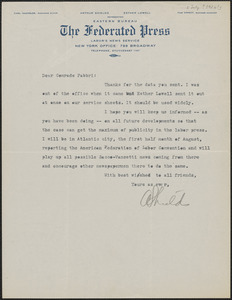 Art Shields (The Federated Press) typed letter signed to Amleto Fabbri, New York, N.Y., [July? 1924?]