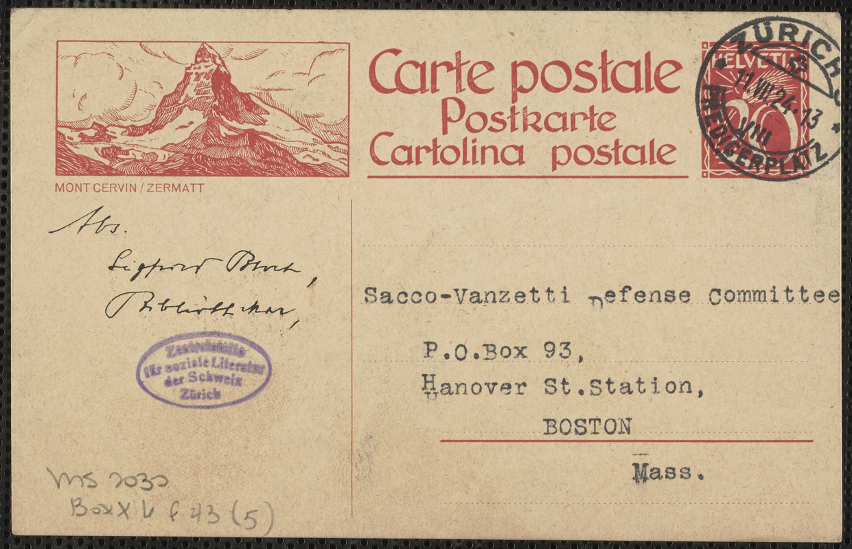 Sigfried Block typed note signed (postcard), in German, to Sacco-Vanzetti Defense Committee, Zurich, Switzerland, [July 11? 1924]