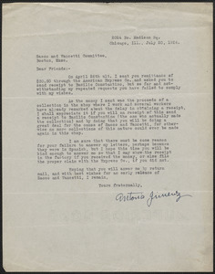 Antonio Jimenez typed letter signed to Sacco-Vanzetti Defense Committee, Chicago, Ill., July 20, 1924