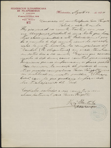 José Bartoli (Federacion Sudamericana de Picapedreros) autograph letter, in Spanish, signed to Sacco-Vanzetti Defense Committee, Montevideo, Uruguay, August 13, 1924