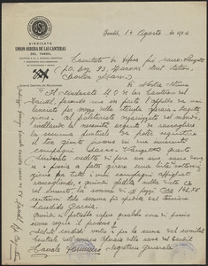 Domenico Canale (Sindicato Union Obera de Las Cateras) autograph letter signed, in Spanish, to Sacco-Vanzetti Defense Committee, Tandil, Argentina, August 14, 1924