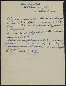 G. Gatti autograph note signed, in Italian, to Sacco-Vanzetti Defense Committee, Worcester, Mass., October 17, 1924