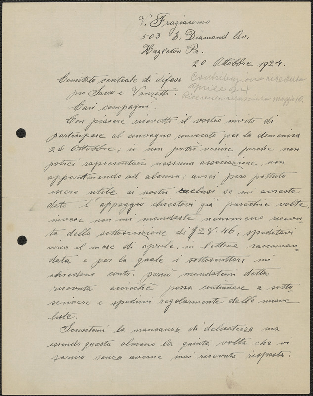 Virgilio Fragiacomo autograph letter signed, in Italian, to Sacco-Vanzetti Defense Committee, Hazleton, Pa., October 20, 1924