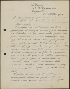 Virgilio Fragiacomo autograph letter signed, in Italian, to Sacco-Vanzetti Defense Committee, Hazleton, Pa., October 20, 1924