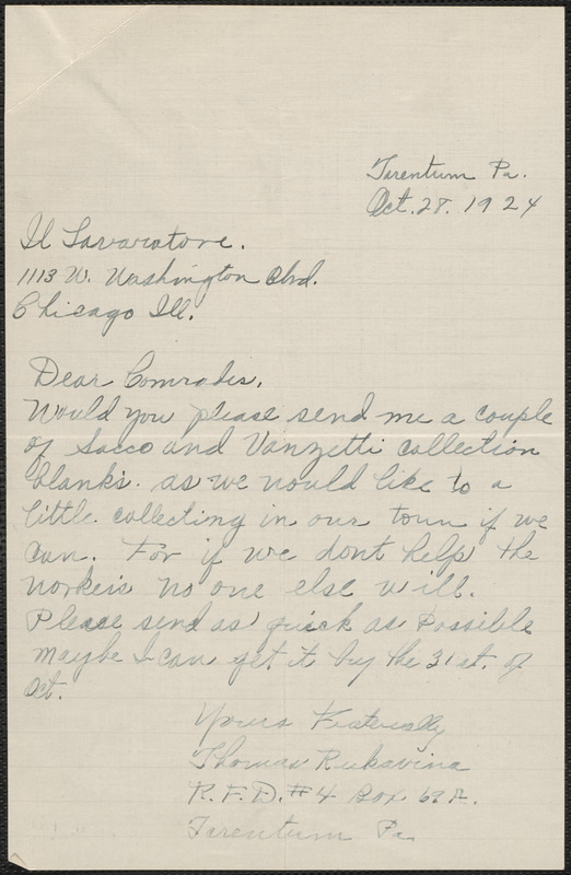 Thomas Rukaviana autograph note signed to Sacco-Vanzetti Defense Committee, Tarentum, Pa., October 28, 1924