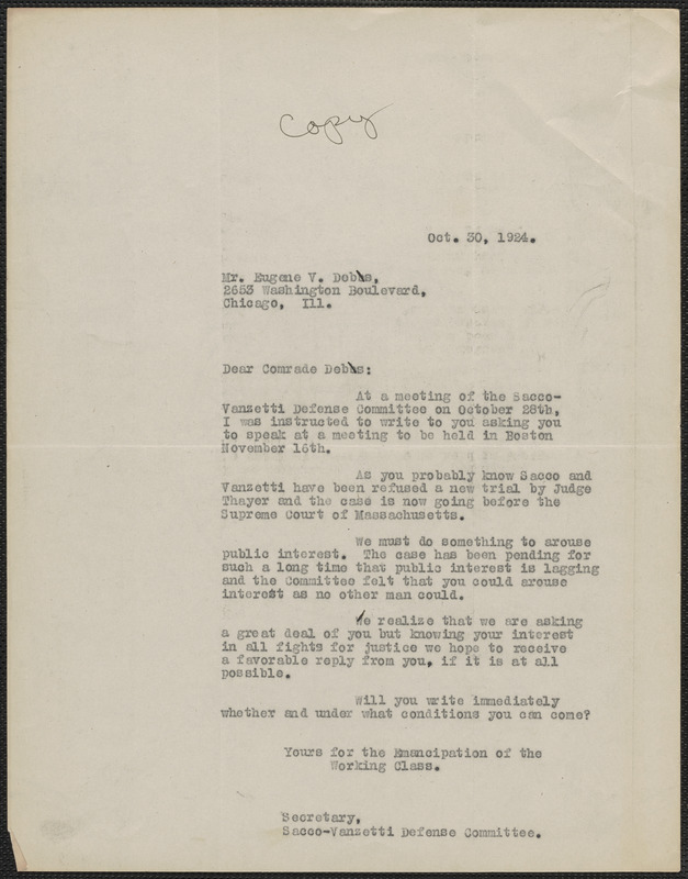 Frank R. Lopez (Sacco-Vanzetti Defense Committee) typed letter (copy) to Eugene V. Debs, Chicago, Ill., October 30, 1924