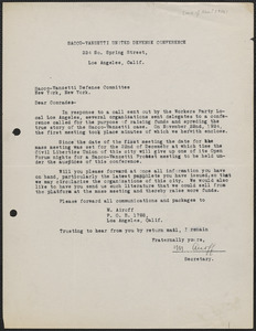 M. Airoff (Sacco-Vanzetti United Defense Conference) typed letter signed to Sacco-Vanzetti Defense Committee (New York), Los Angeles, Calif., [November? 1924]