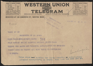 T. Volpe telegram to Elizabeth Gurley Flynn, Rochester, N.Y., November 11, 1924