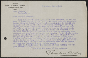 Theodore Debs typed note signed to Mary Donavan, Terra Haute, Ind., November 12, 1924