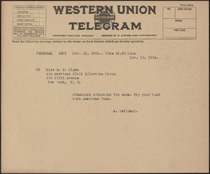 Aldino Felicani telegram to Elizabeth Gurley Flynn (American Civil Liberties Union), Boston, Mass., November 12, 1924